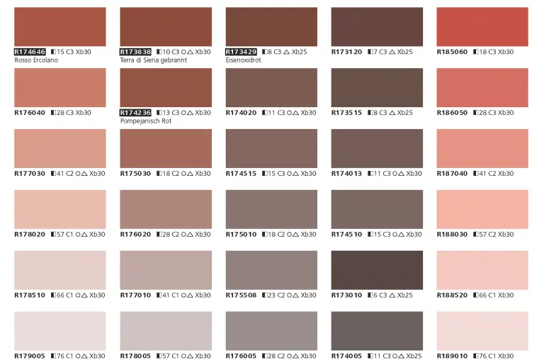 Auszug aus den Farbtönen des neuen StoColor Systems, Farbtonpalette Ort, Orange, Braun